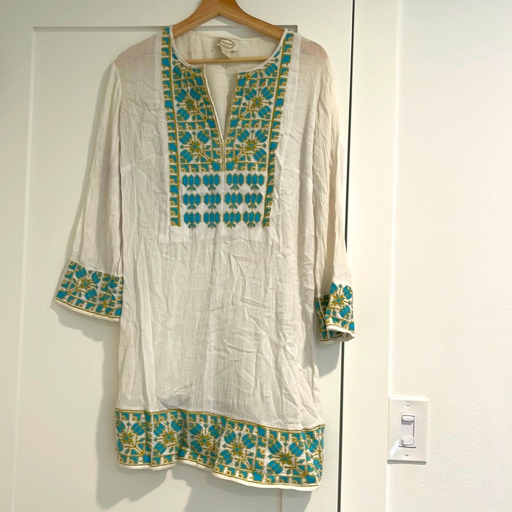 Scoop beach cover-up | white, gold and turquoise | size M